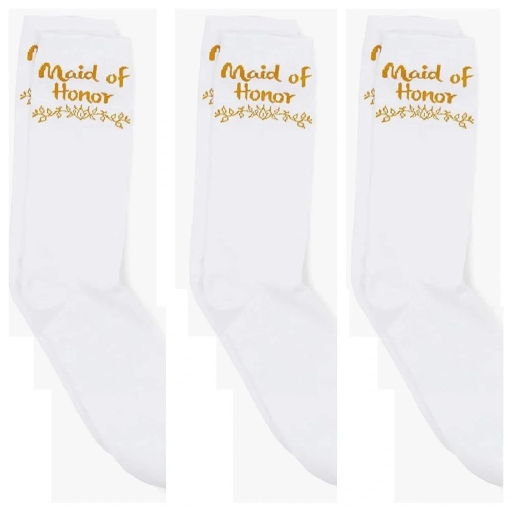 S11‎ Bridal Party 6 Pack Mid-Calf White & Gold Cotton Blend Reinforced Toe Socks